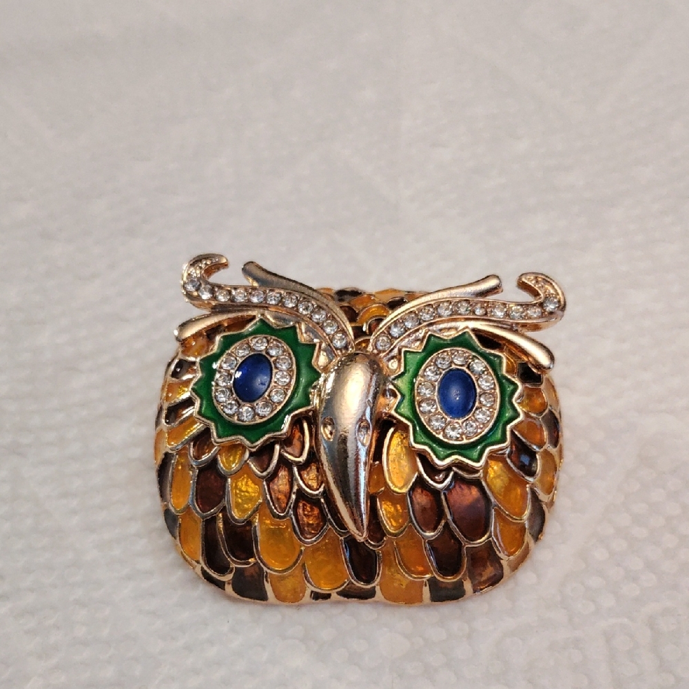 Charming Gold and Green Owl Brooch with Blue Accents